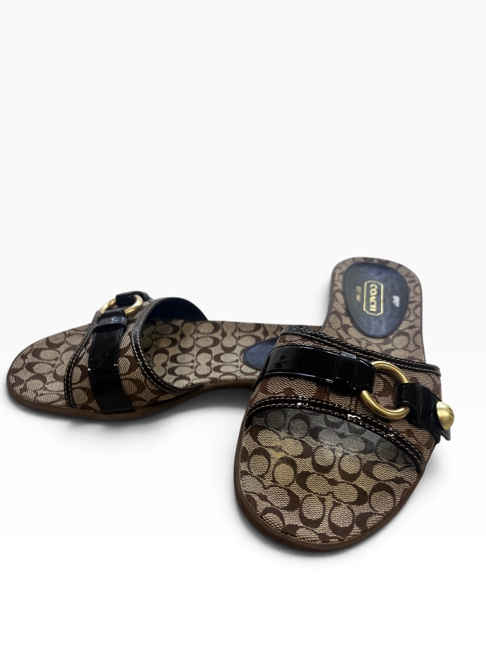 Coach Signature C Jacquard Patent Leather Slide Sandals Brown Sz 8 - Picture 2 of 6